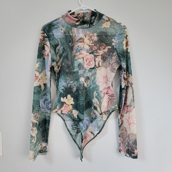 Jolie & Joy by FCT With Love Tops - Jolie And Joy Sheer Mesh Bodysuit Women's Size L Artsy Fairy Novelty Eclectic